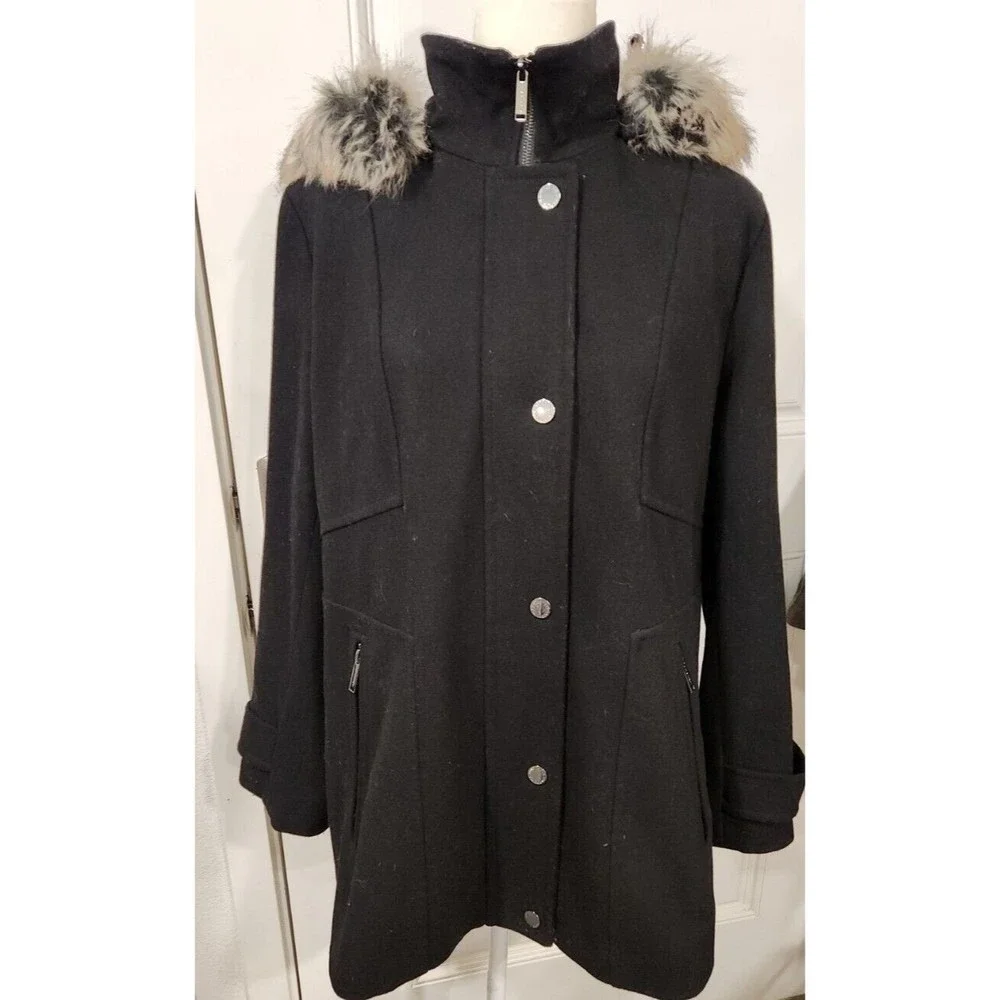 London Fog Coat Womens Extra Large Wool Faux-Fur-Trim Hooded‎ $259 NEW